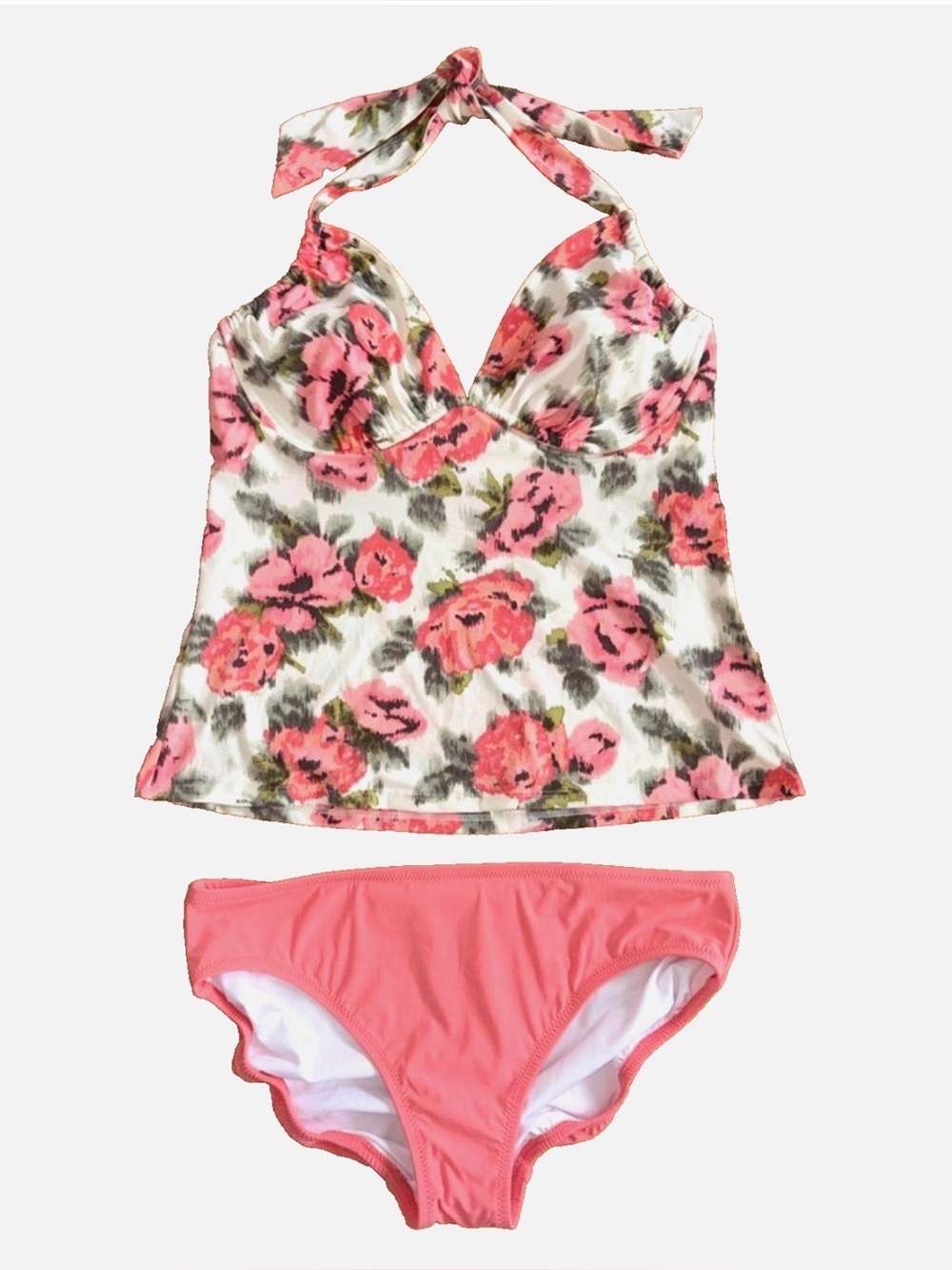 Lands’ End Floral Tankini Swim Set Underwire Halter Bikini Bottoms 10